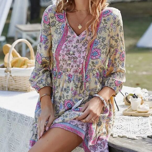 Elings Dresses & Skirts - NEW! Pale Yellow Floral Boho Long Sleeve Mini Dress Smock Baby Doll Trendy